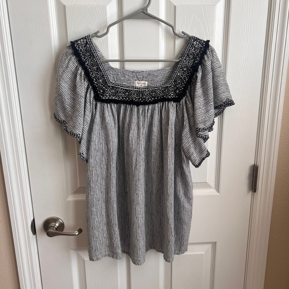World Market Striped Top‎ Embroidered Square Neck Flared Sleeve S/M